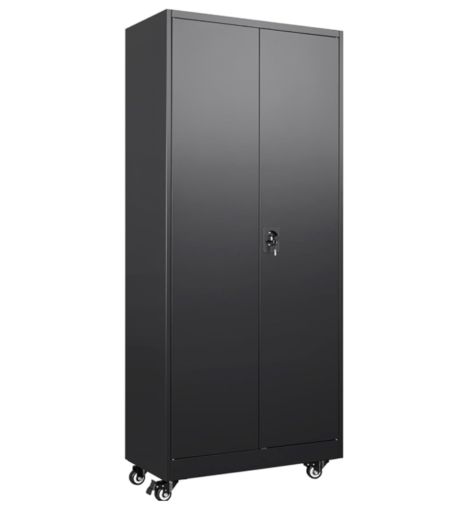 Lockable Metal Storage Cabinet on Casters - 15 3/4"D x 31 1/2"W x 74 1/2"H - Black