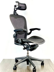 Herman Miller Aeron - Size: C - w/ Headrest for Users 5' 11" and Over - Black/Black - Fully Featured w/ Fully Adjustable Arms