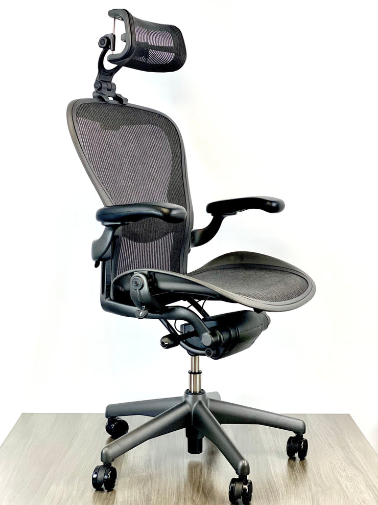 Herman Miller Aeron - Size: C - w/ Headrest for Users 5' 11" and Over - Black/Black - Fully Featured w/ Fully Adjustable Arms